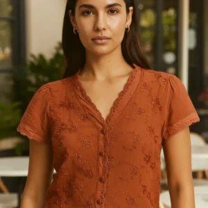 blusa camisa mujer manga corta broderie