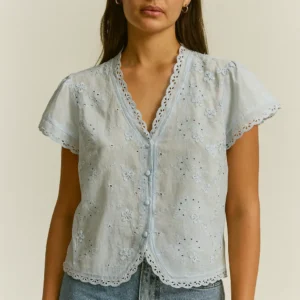 blusa camisa mujer manga corta broderie